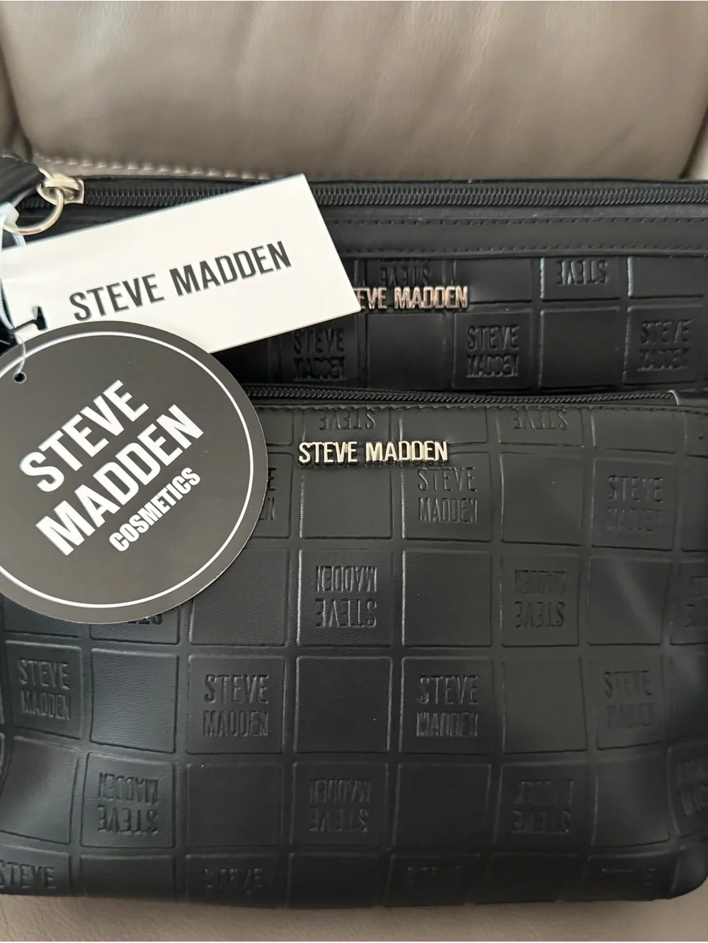 Steve Madden Black Embossed Toiletry Bag with Branded Hardware